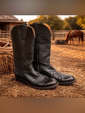Lucchese Black Leather Western Boots Pointed Toe Tall Shaft size 8.5 made usa